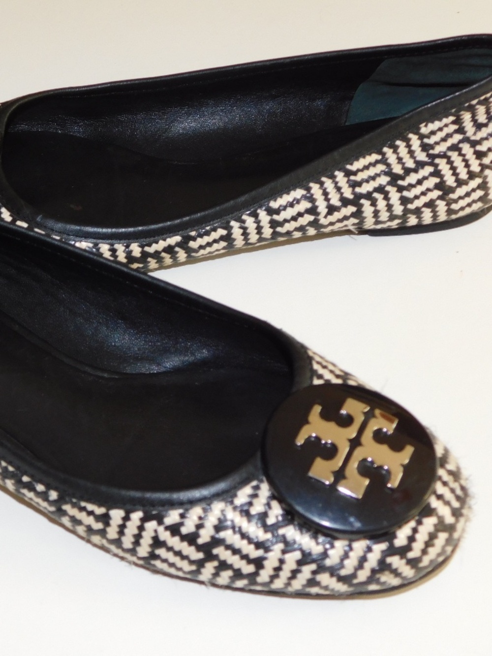 Tory Burch Black and Cream Woven Logo Ballet Flats